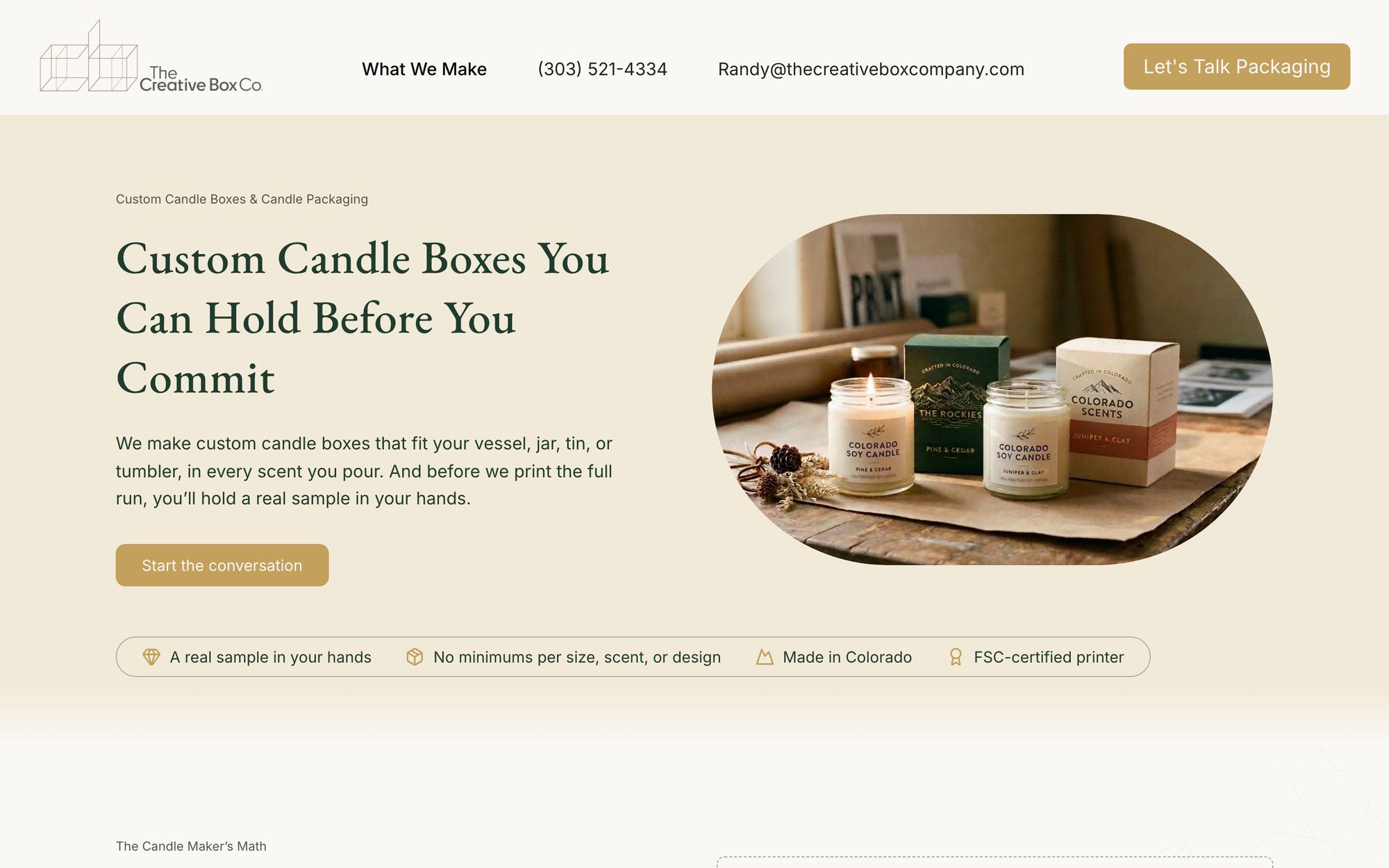 The Creative Box Company’s candle boxes page on a desktop: “Custom Candle Boxes You Can Hold Before You Commit”