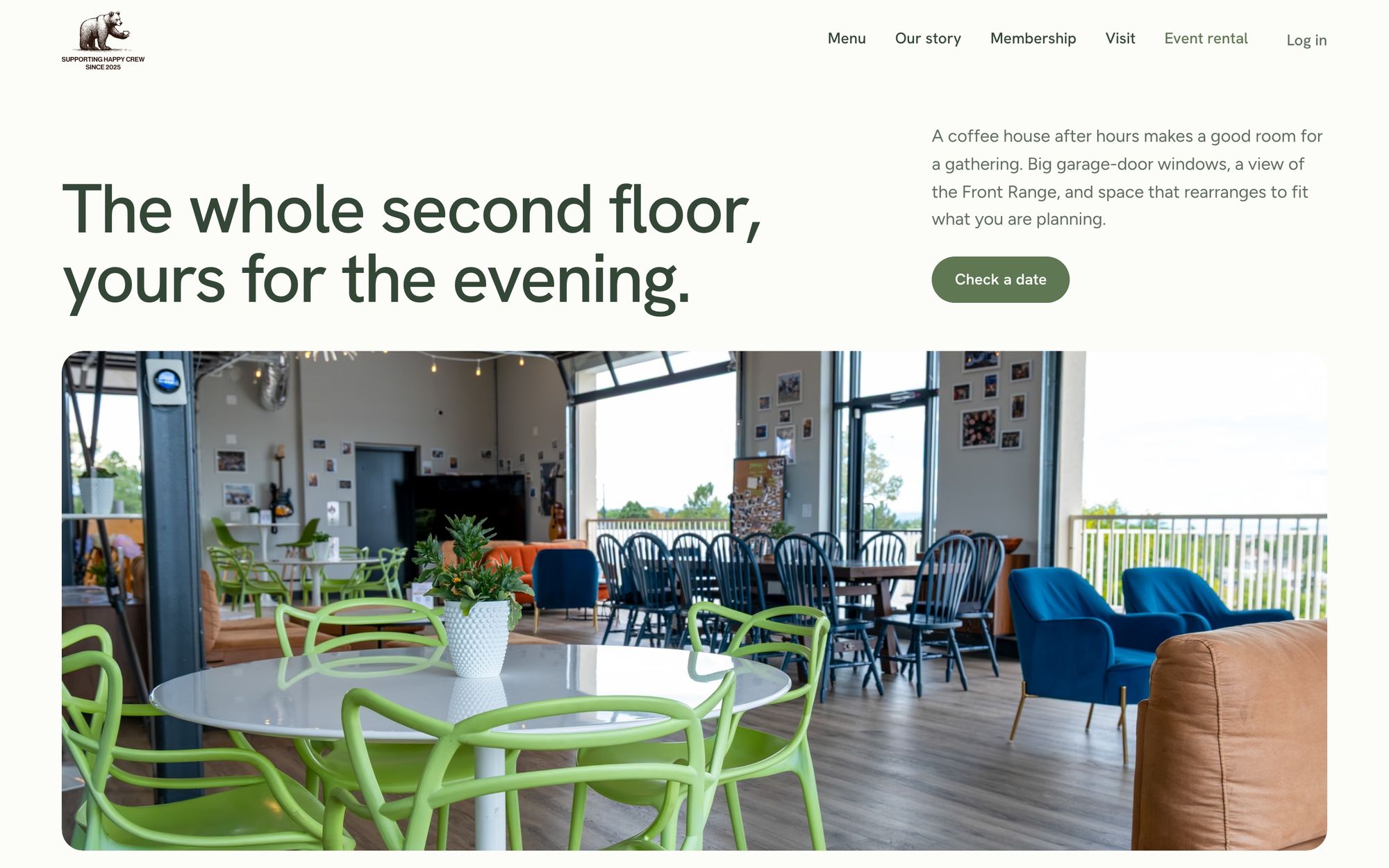 Happy Crew Coffee House’s event page on a desktop: “The whole second floor, yours for the evening,” above a photo of the room, with green chairs and big garage-door windows