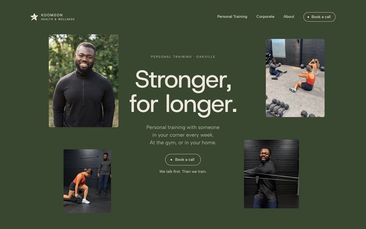 Koomson Health & Wellness&rsquo;s website on a desktop: the home page, &ldquo;Stronger, for longer.&rdquo;, with four of Doug&rsquo;s own photos