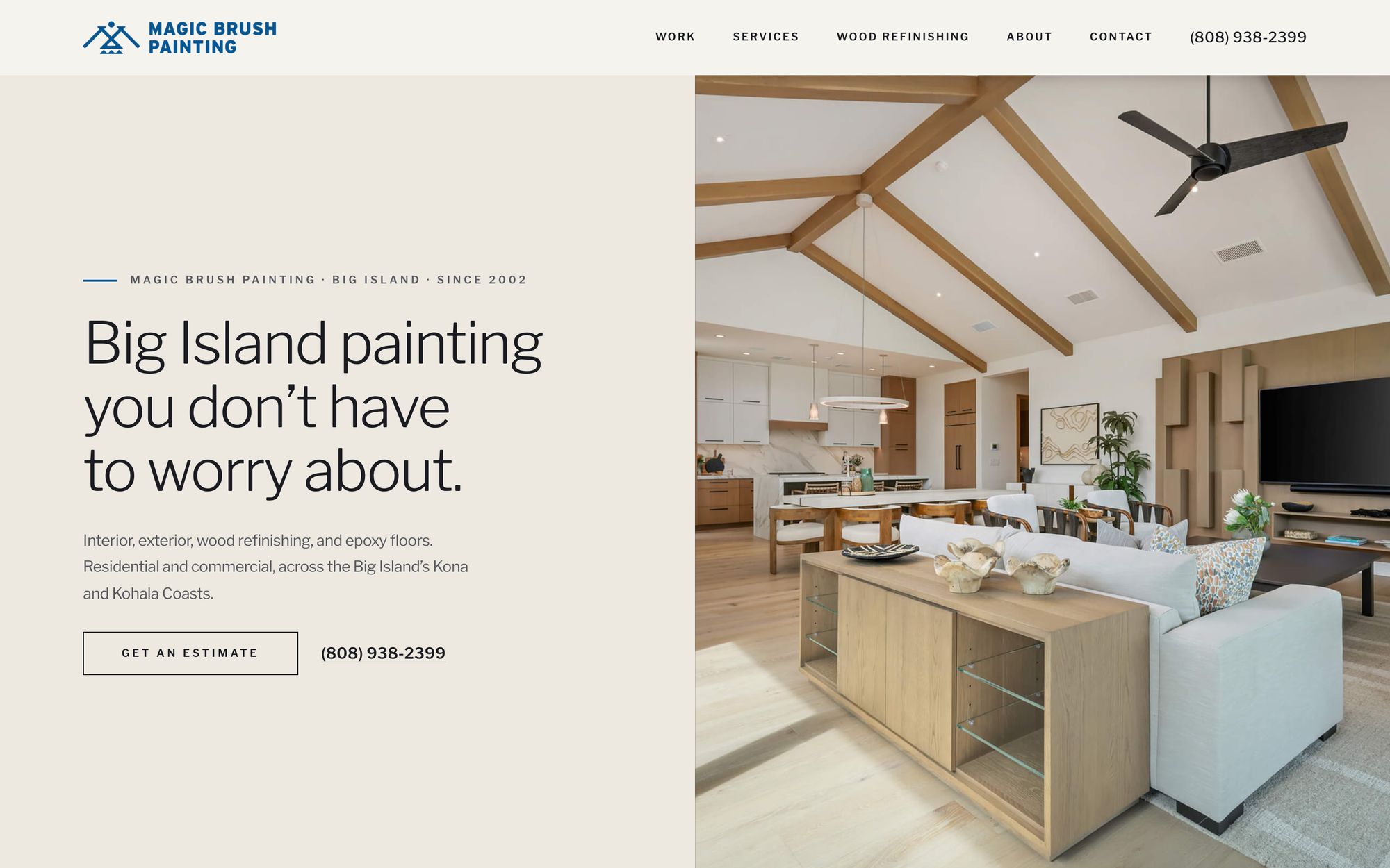 The Magic Brush Painting home page on a desktop: “Big Island painting you don’t have to worry about,” beside a photo of a bright great room
