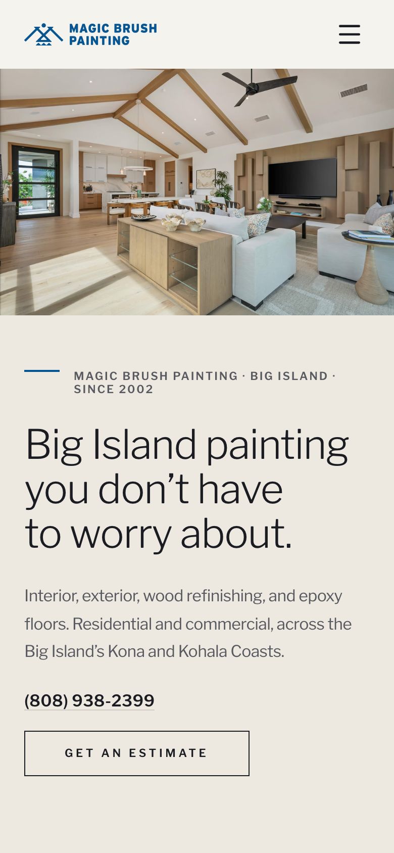 The same home page on a phone, the great room above the heading