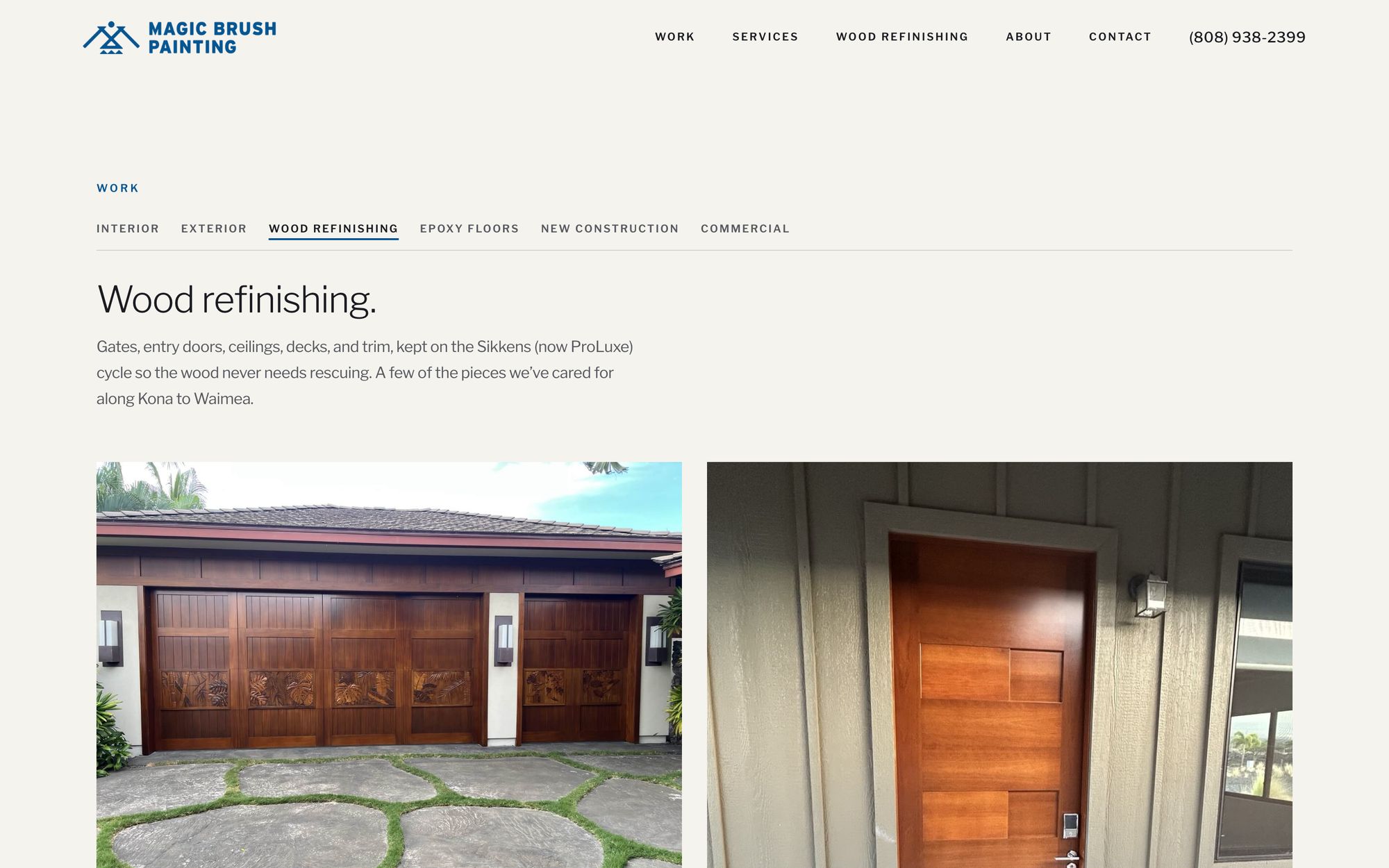 Magic Brush Painting’s wood refinishing page on a desktop: the work tabs, “Wood refinishing.” and two of Jon’s own photos, carved garage doors and a refinished entry door