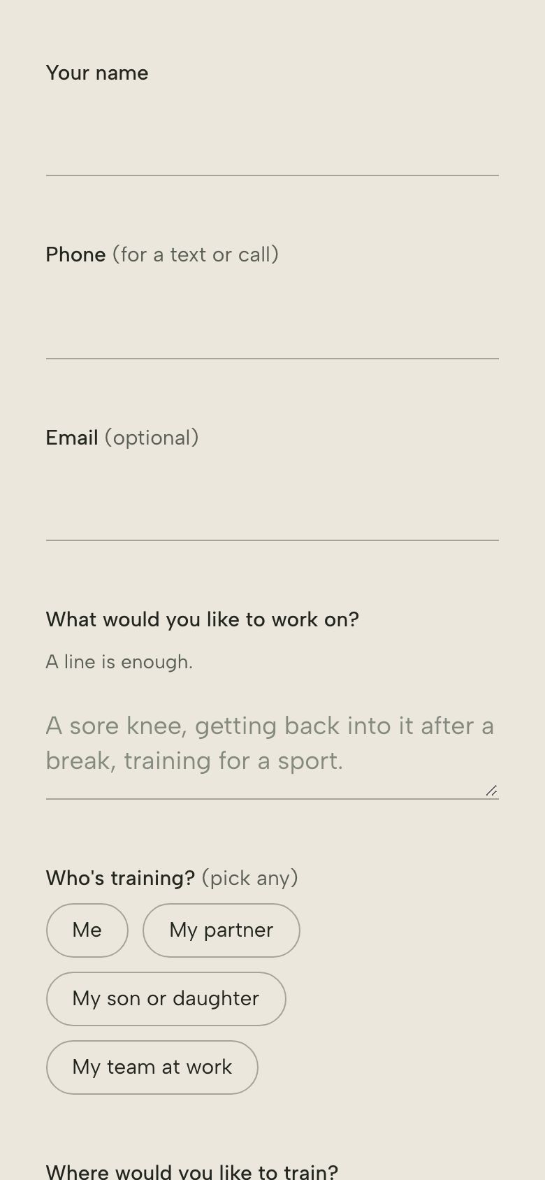 His booking form on a phone: your name, phone, email, what you’d like to work on, and who’s training