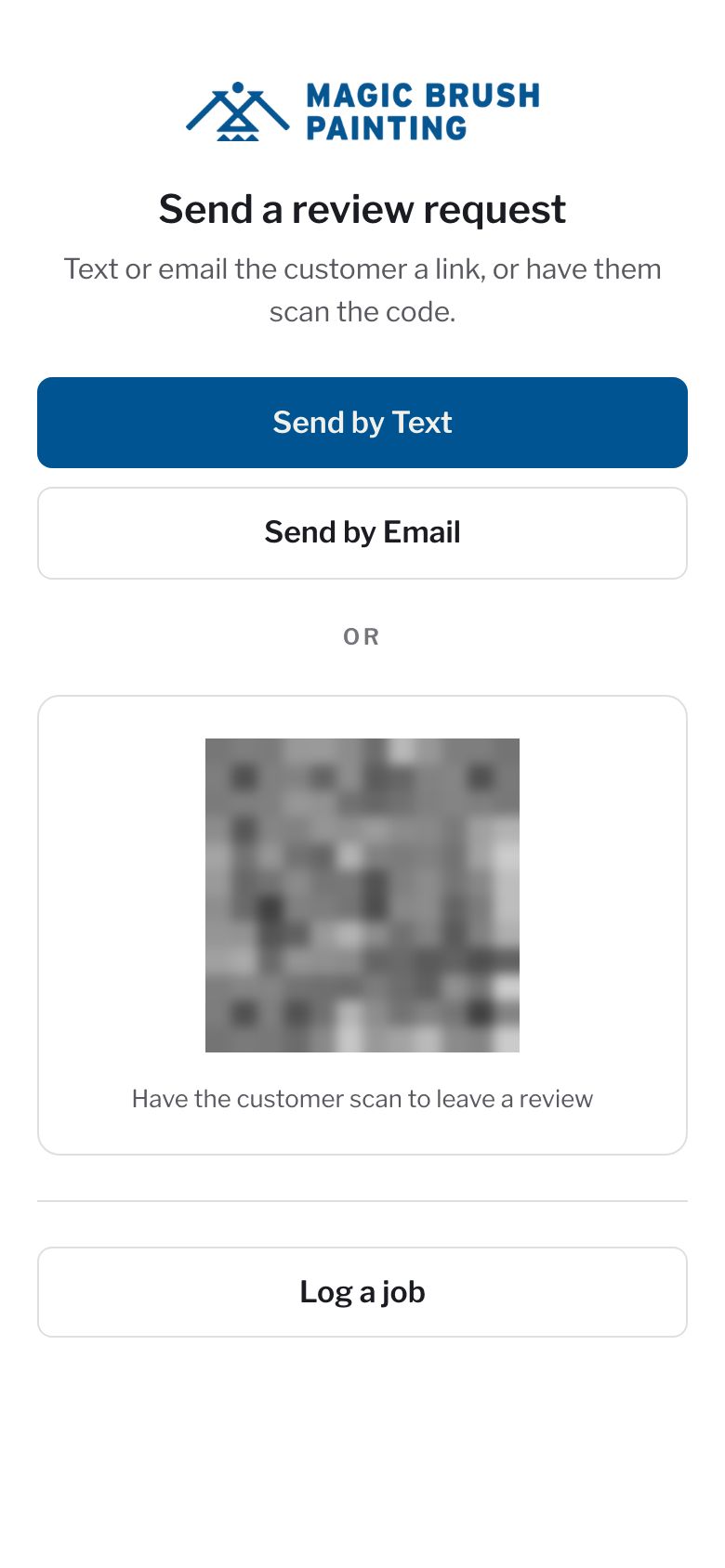 Their crew page on a phone: “Send a review request,” with Send by Text, Send by Email and a QR code (blurred here)