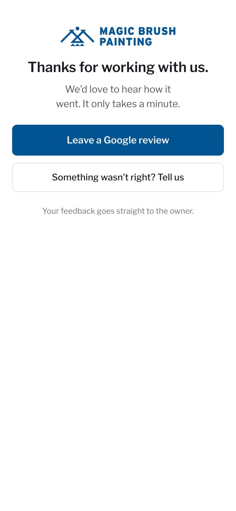 Their review page on a phone: “Thanks for working with us.” with Leave a Google review and Something wasn’t right? Tell us